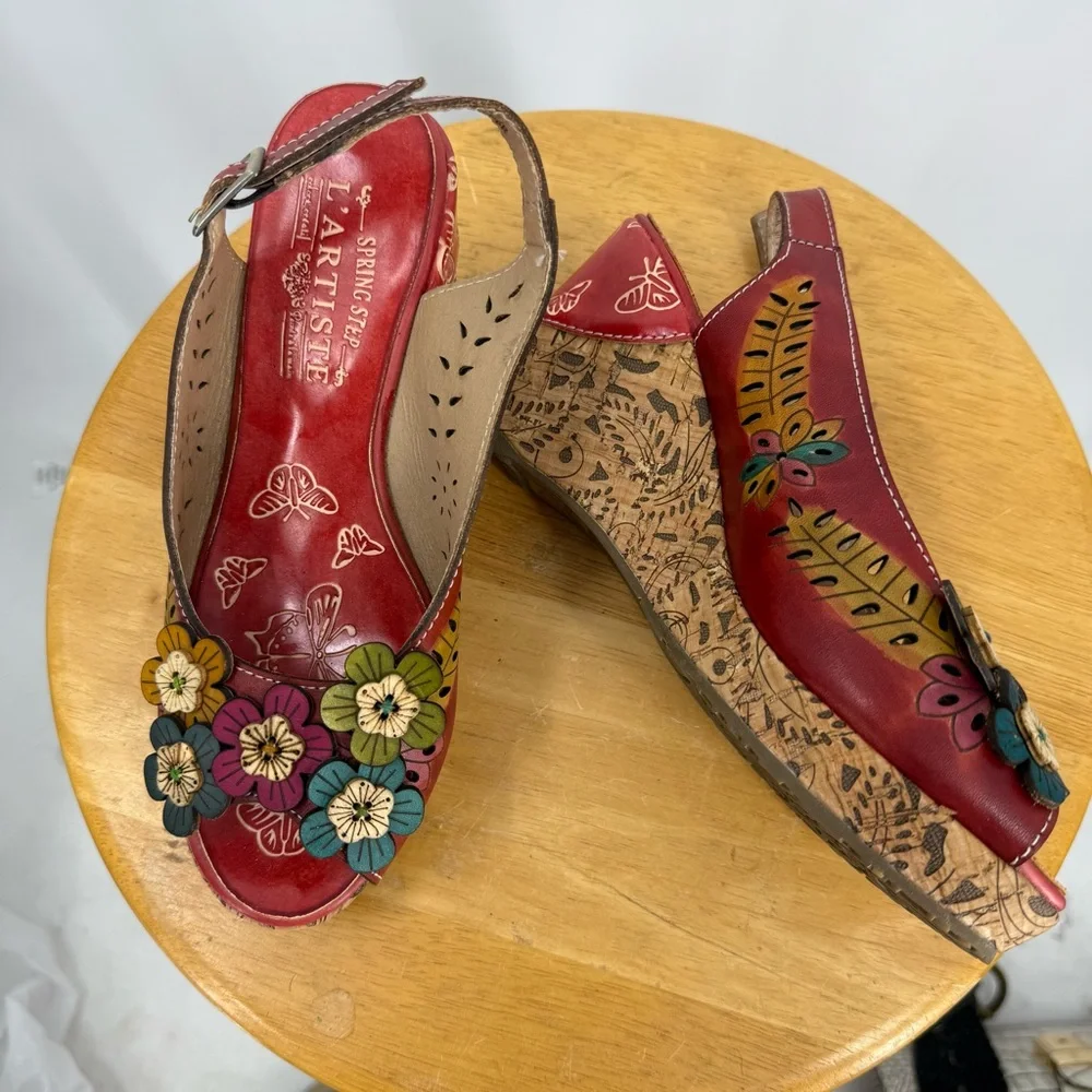 Spring Step L’artiste tutti frutti colorful Wedge sling back sandal 37/7-6.5